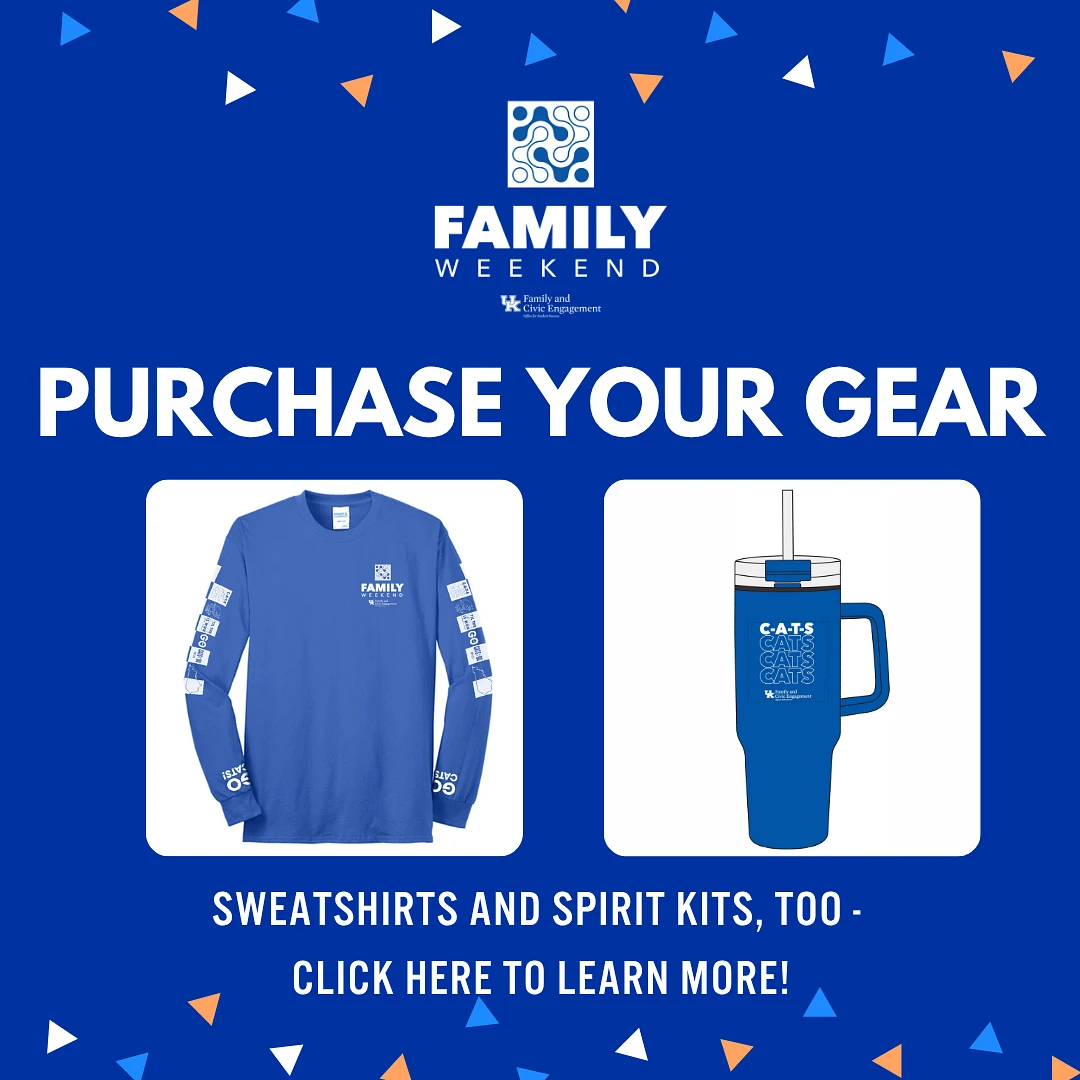 Blue promotional image for "Family Weekend" featuring a long-sleeved shirt and a tumbler with the caption "Purchase Your Gear."
