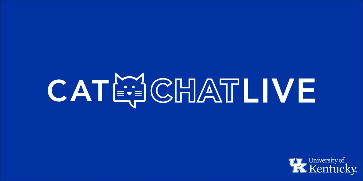 Blue background with white "CAT CHAT LIVE" and UK logo.